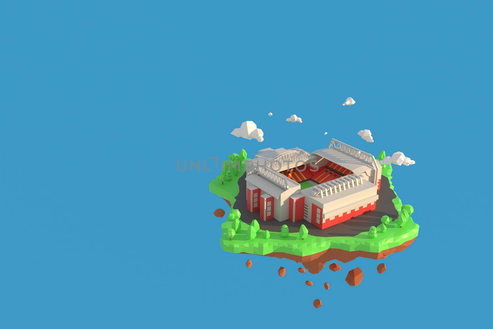 3D illustrator football stadium in Anfield, Liverpool, England. 3d rendering Low Polygon Geometry Background. Abstract Polygonal Geometric Shape. Lowpoly Minimal Style Art.