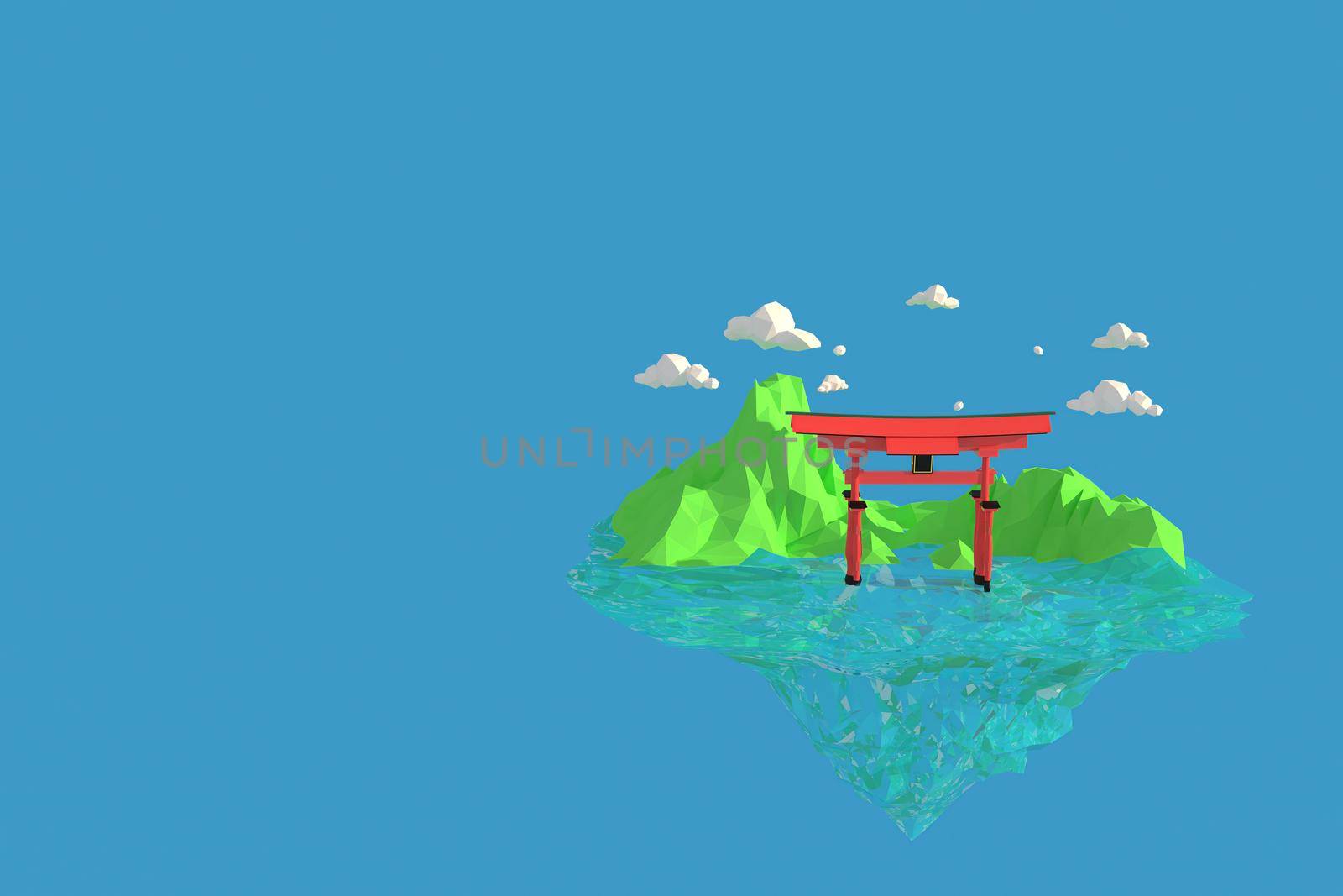 3D illustrator   Shinto shrine on the island of Itsukushima in Japan. 3d rendering Low Polygon Geometry Background. Abstract Polygonal Geometric Shape. Lowpoly Minimal Style Art.