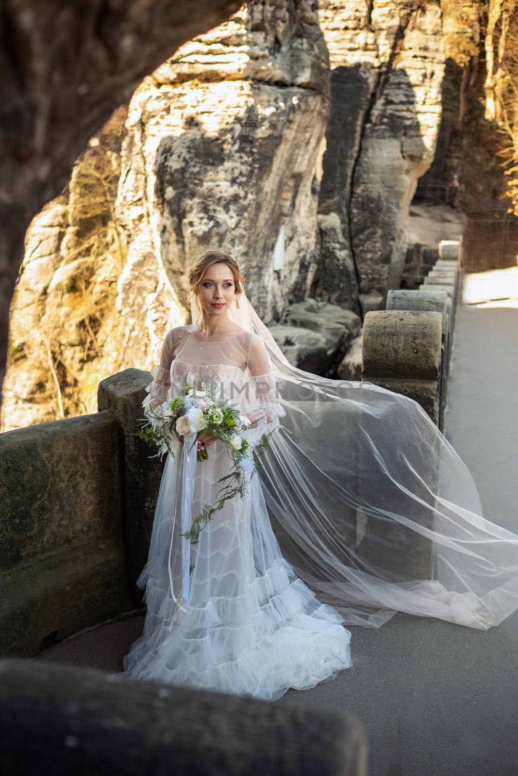 A bride in a white dress with a bouquet of flowers on the background of mountains and gorges in the Swiss Saxony, Germany, Bastei.