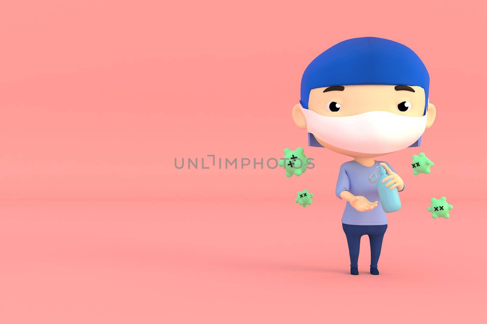 3d illustrator of cartoon characters. A girl wearing a surgical mask. Washing hands with cleaning gel