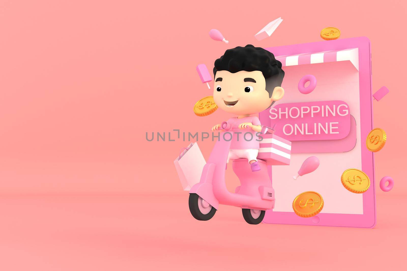 3d illustrator of cartoon characters. The boy drives a motorcycle out of the tablet. Buying items online. Online delivery