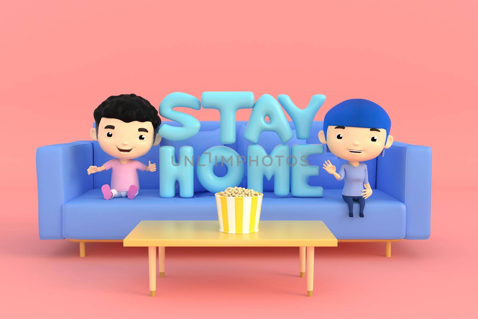 3d illustrator of cartoon characters. Both boys and girls are far apart to prevent germs and viruses.