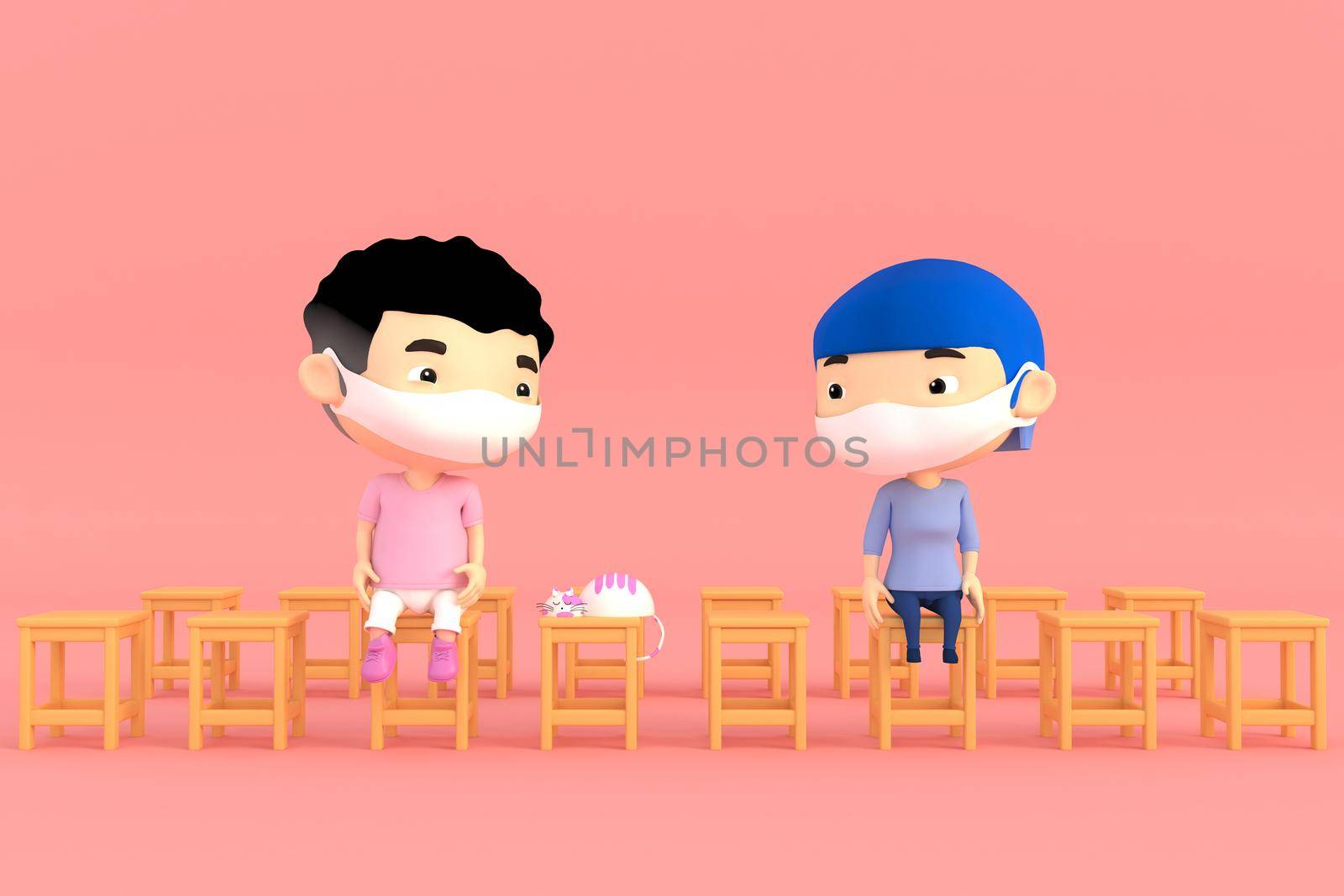 3d illustrator of cartoon characters. Boy and girl Wear a mask And sitting apart to prevent  diseases and viruses