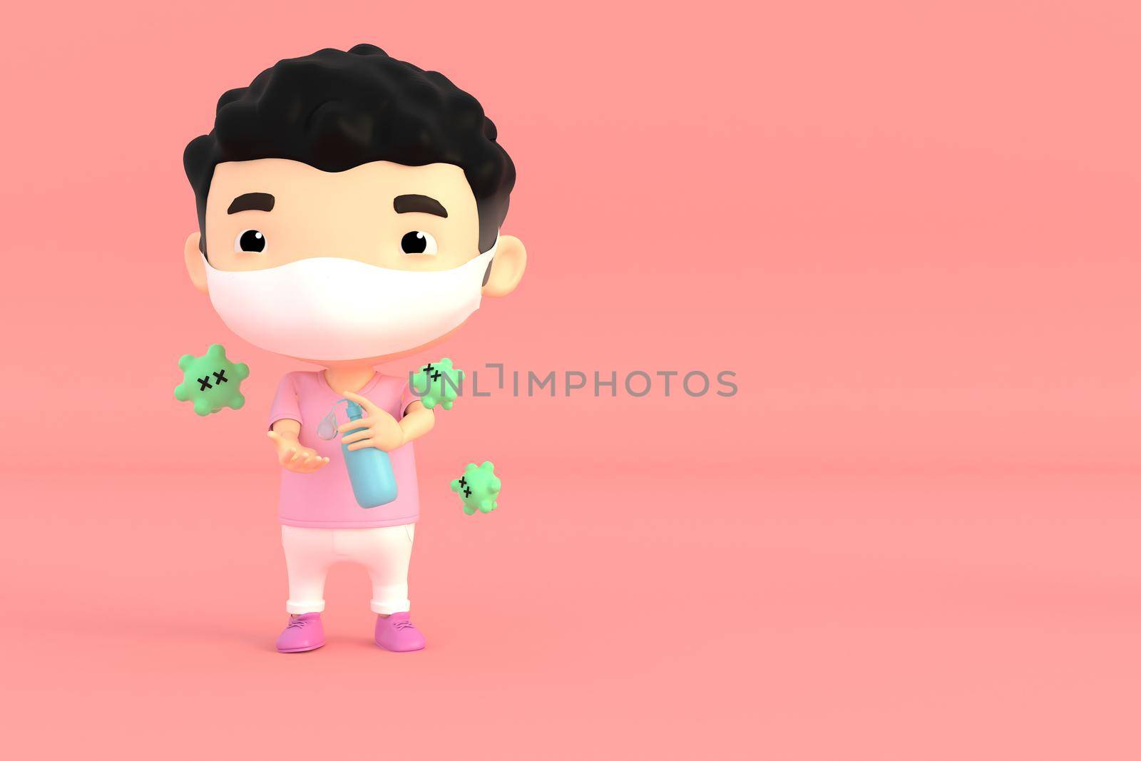 3d illustrator of cartoon characters. A boy washing hands with soap to prevent germs and viruses