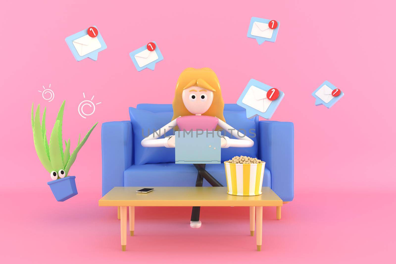 A woman sitting and working at home on her sofa using a notebook computer.  3d illustrator.