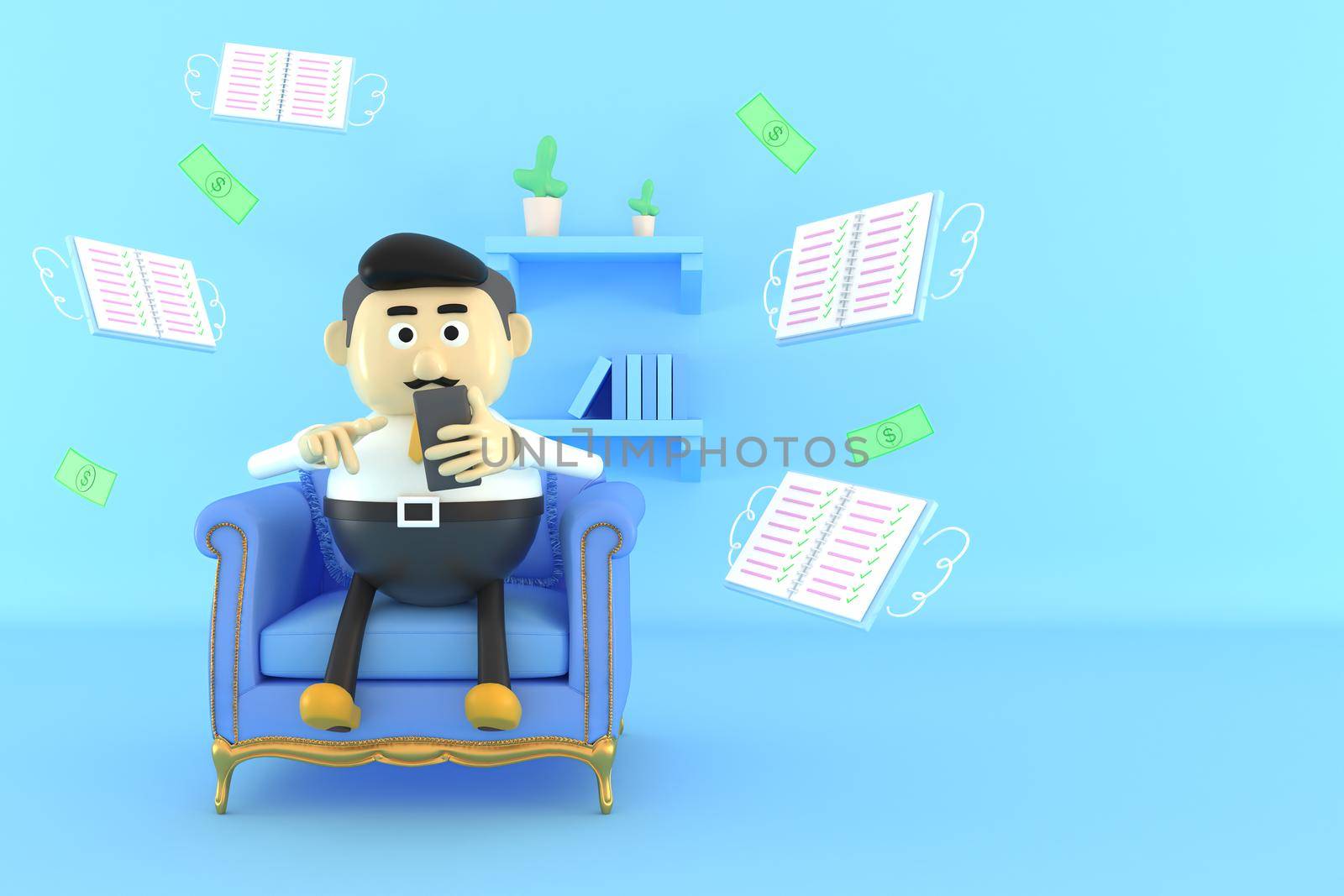A man working on a sofa with a mobile phone.  3d illustrator.