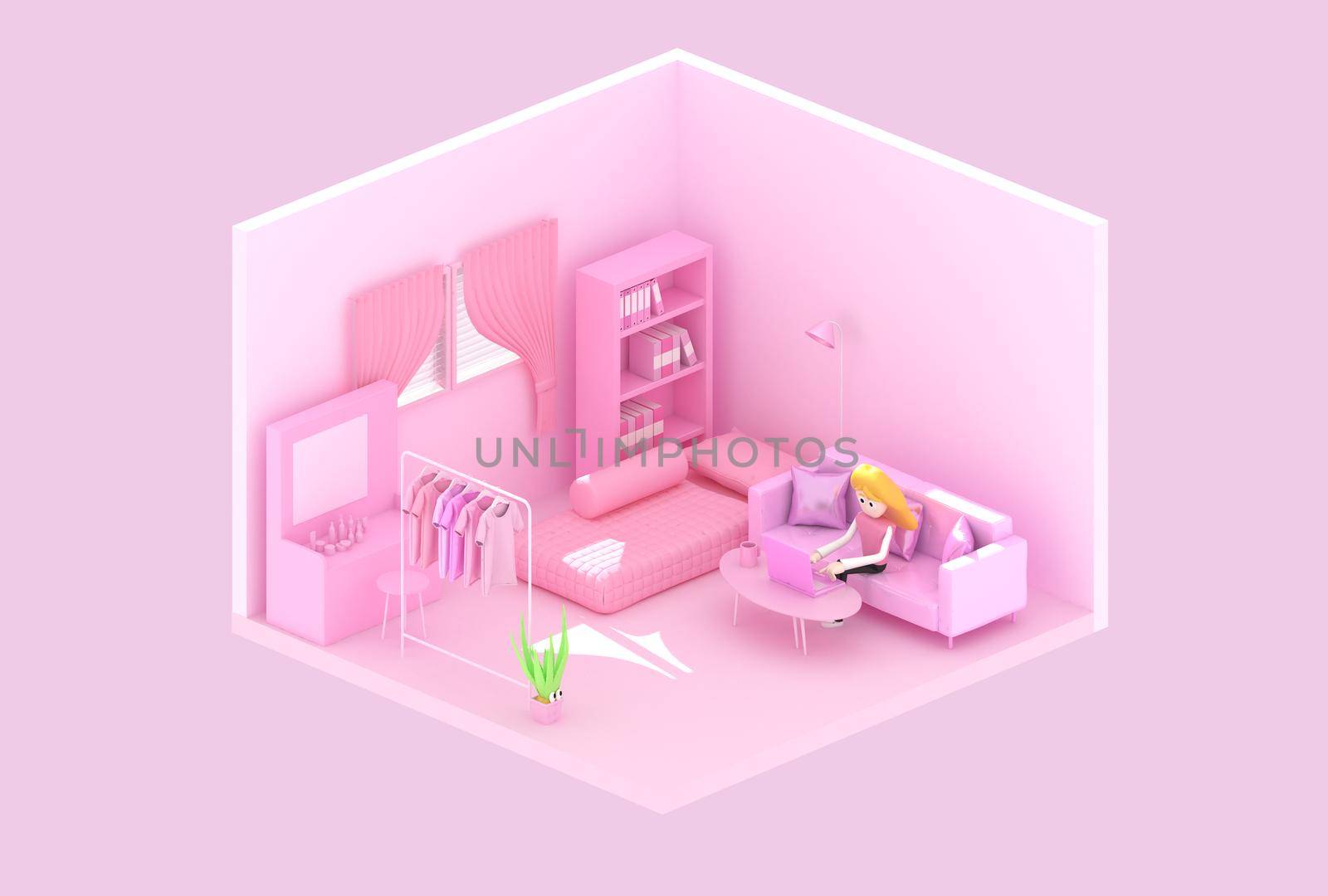 3d illustrator of a female cartoon character Using a laptop computer On the sofa in the pink room. Working at home