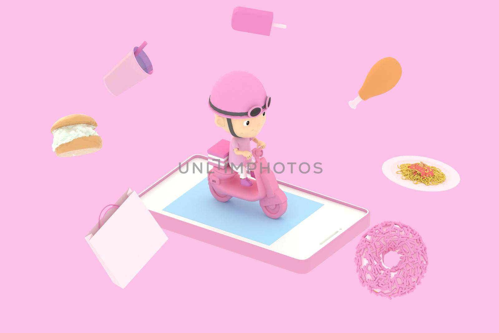 3d illustrator of cartoon characters. A man driving a motorcycle delivering food From online purchases