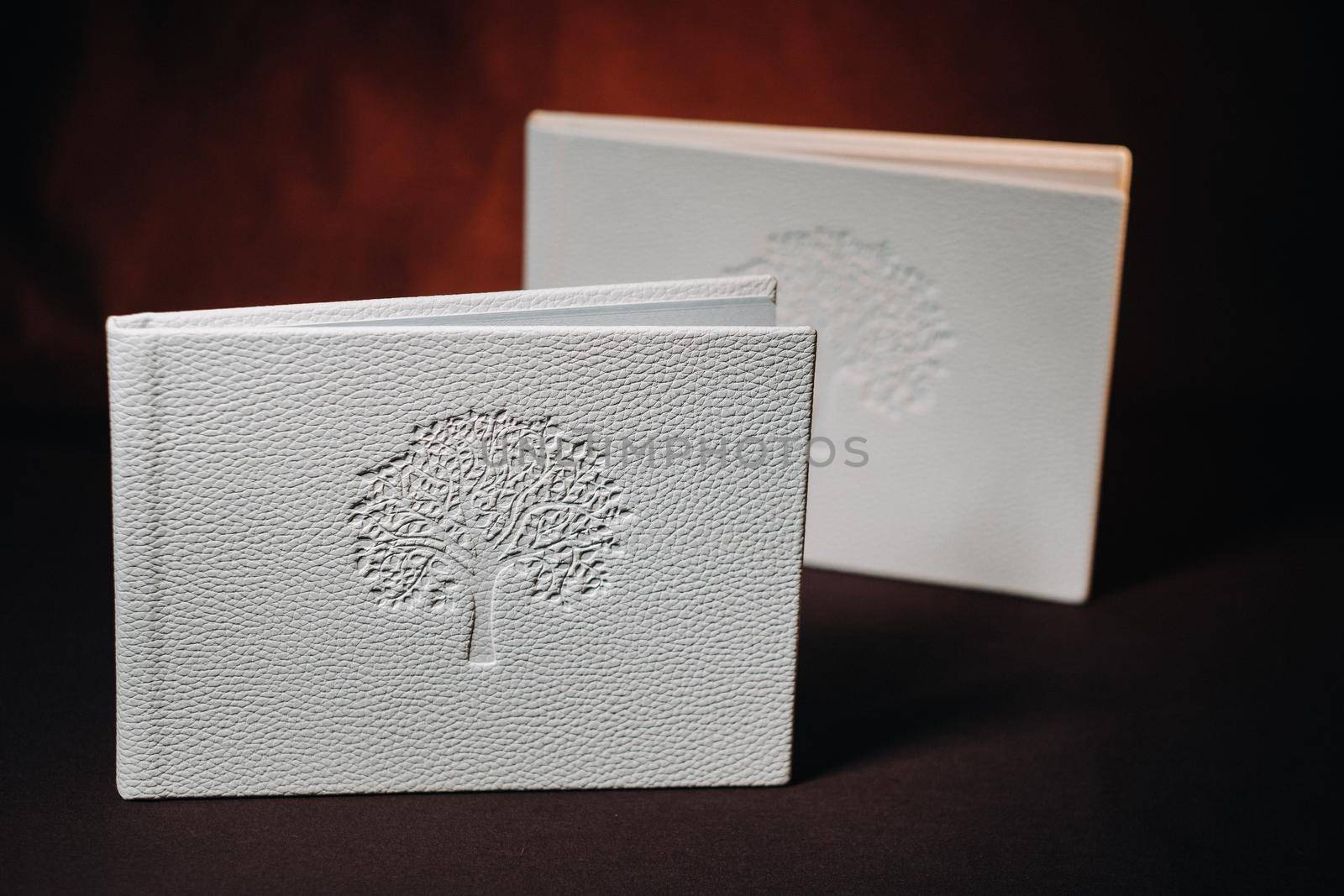 Composition of photo books in natural white leather of different sizes. The white paper on a dark background