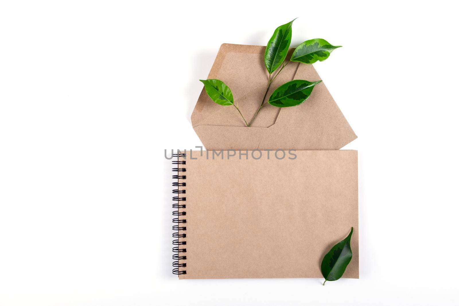 Notepad and an envelope made from recycled paper lie on white surface with sprig of a green plant. Ecology concept, recyclable, no waste, office, business. Selective focus. Copy space.