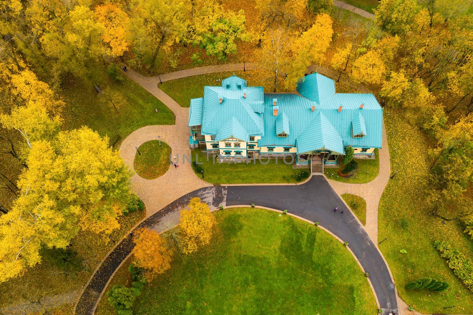 View from the height of the autumn loshitsky Park in Minsk and the manor Museum .Winding paths in Loshitsky Park.Belarus.Autumn by Lobachad