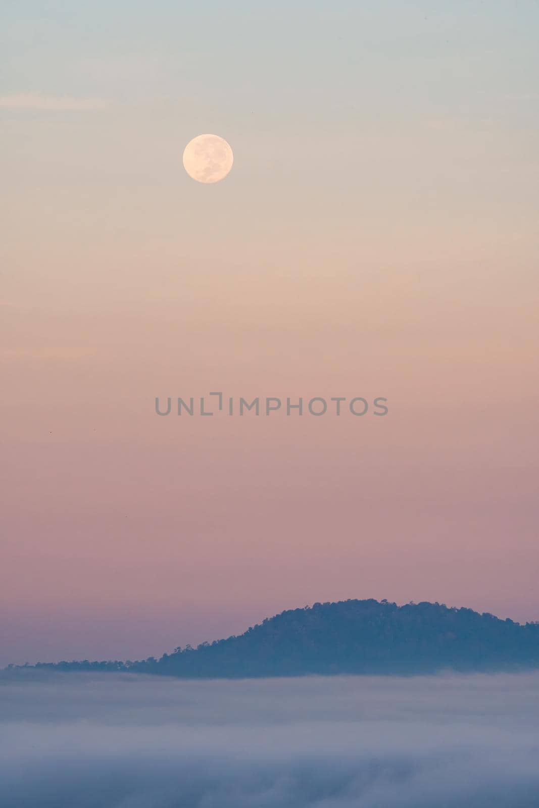 Full moon falling And the mist in the morning time. The color orange sky reflects the sun's rays.
