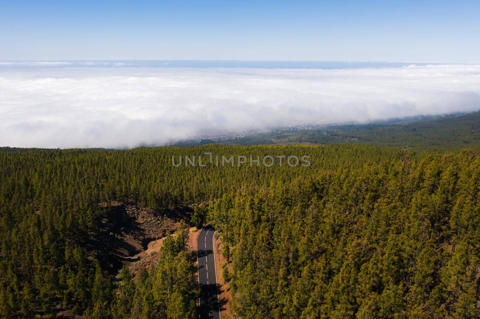 Cloud sea under mount Teide in Tenerife, aerial View over clouds on the island of Tenerife. Canary Islands, Spain.