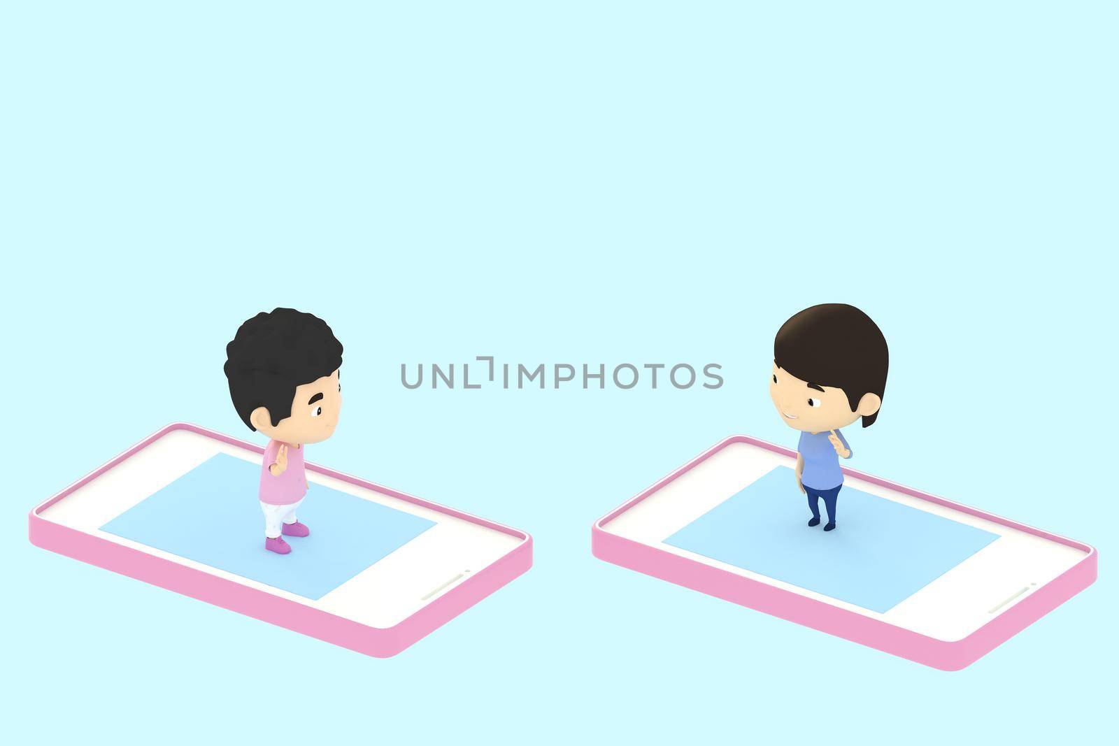 3d illustrator of cartoon characters. Boy and girl Meet and greet each other from mobile