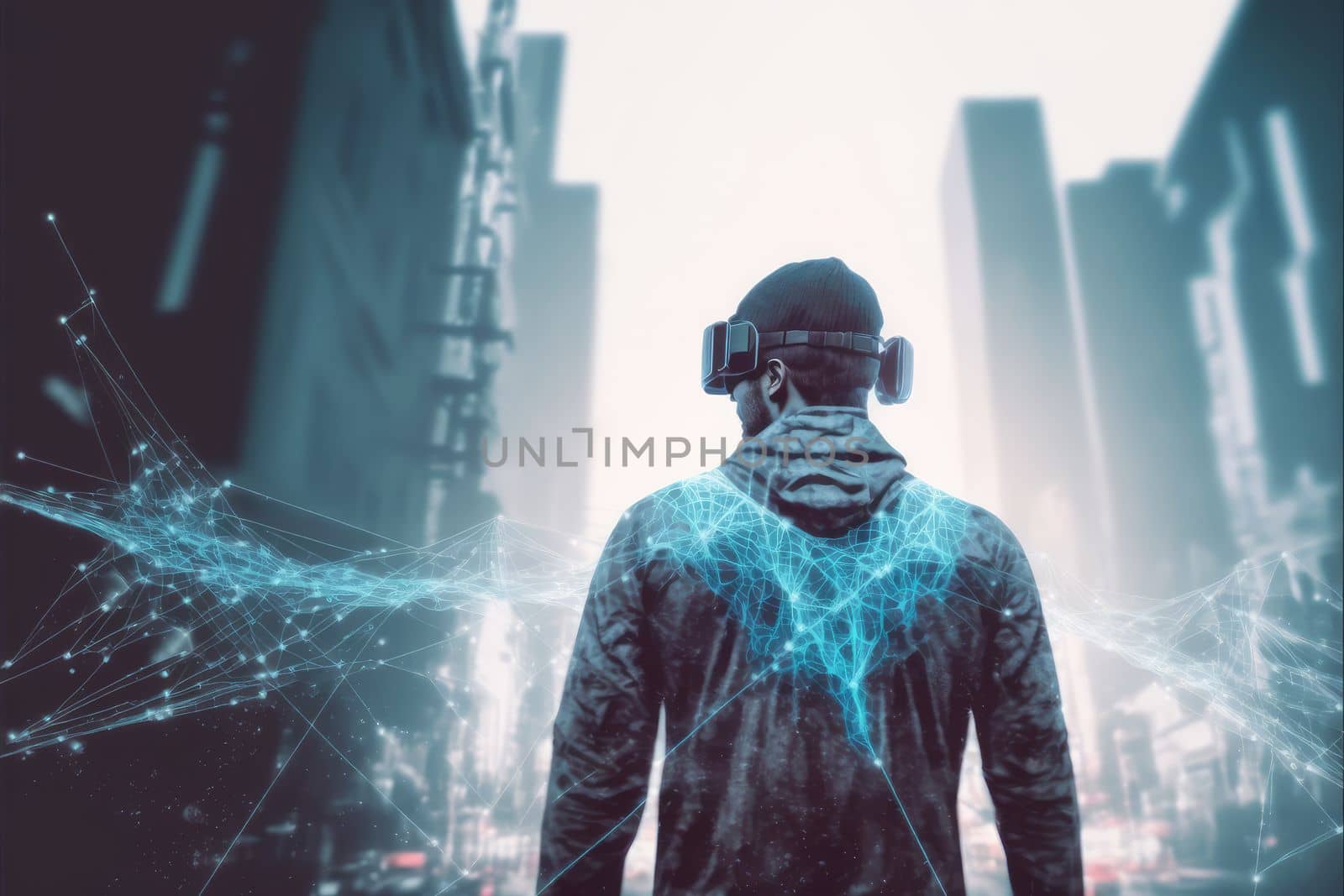 Young man wearing virtual reality goggles standing in virtual world background . Concept of virtual reality technology , gaming simulation and metaverse. Peculiar AI generative image.