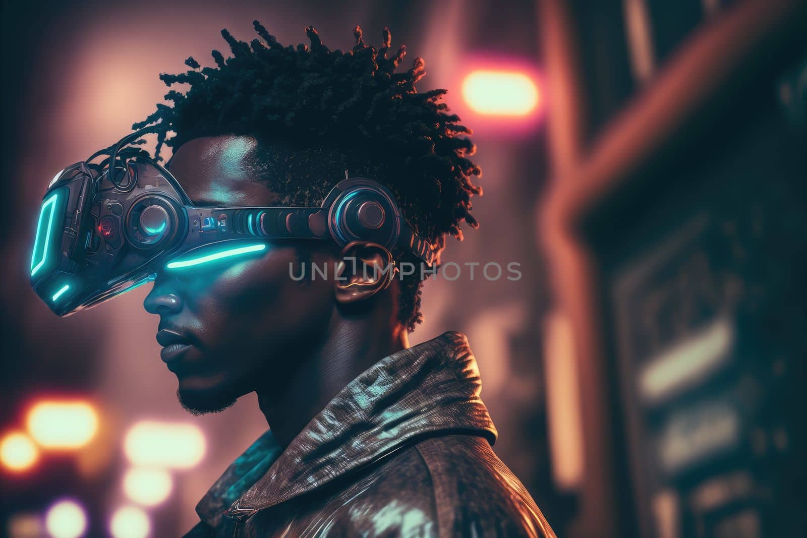 African man wearing virtual reality goggles standing in virtual world background . Concept of virtual reality technology , gaming simulation and metaverse. Peculiar AI generative image.