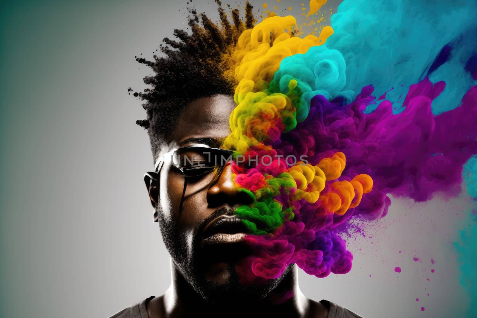 Young African American man with his head exploding in colorful paint powder by biancoblue