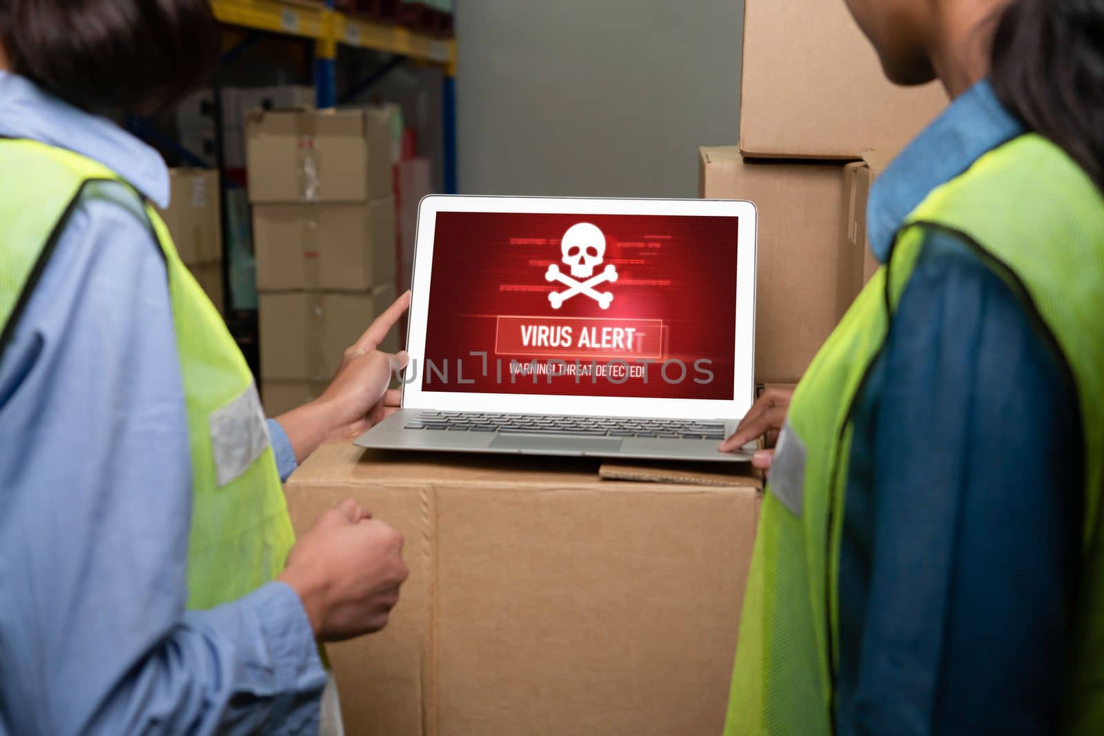 Computer with green screen display in warehouse storage room . Delivery and transportation software concept .