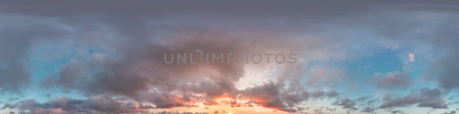 Dark blue sunset sky panorama with pink Cumulus clouds. Seamless hdr 360 pano in spherical equirectangular format. Full zenith for 3D visualization, game, sky replacement for aerial drone panoramas