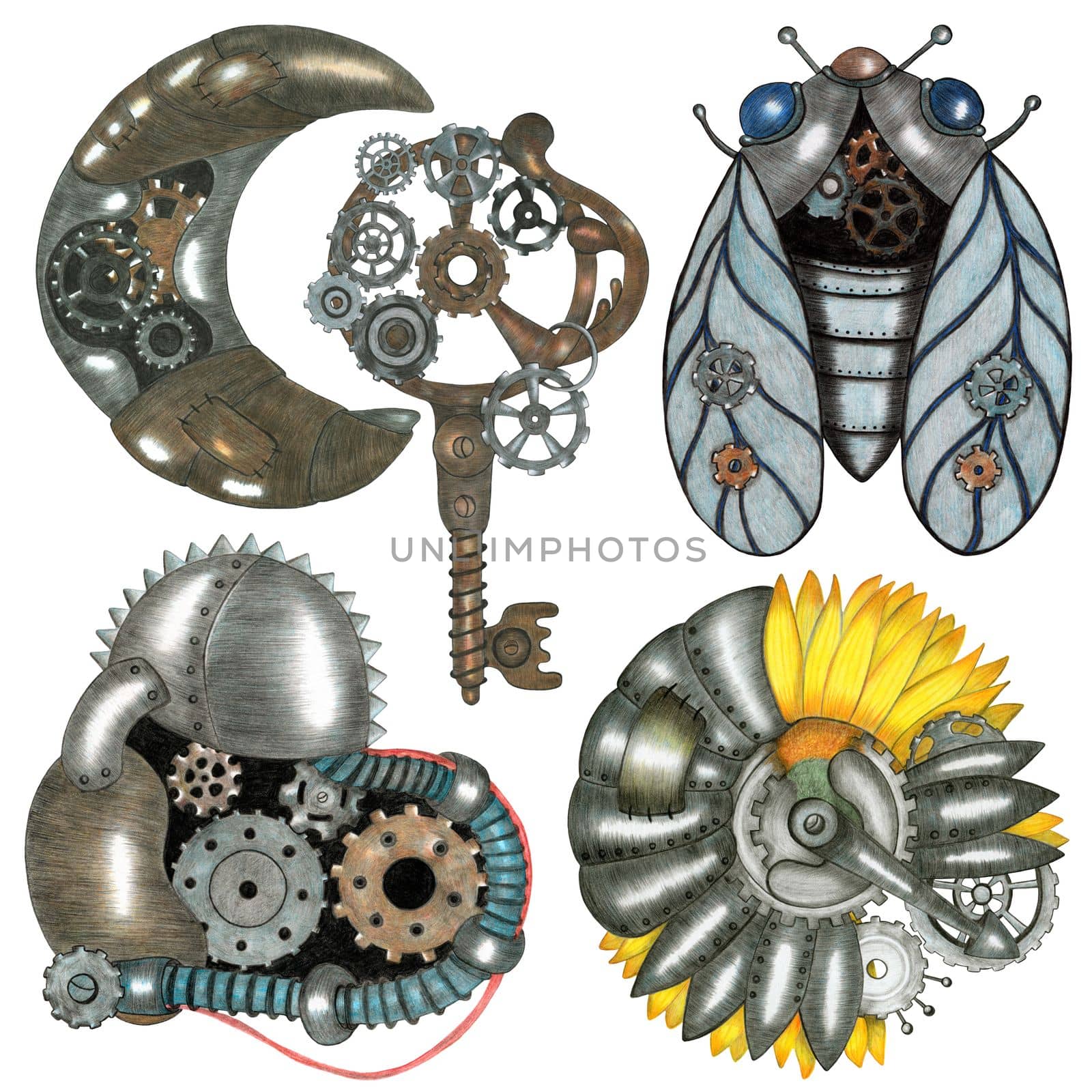 Design Element Hand Drawn Illustration of Colorful Steampunk Sunflower, Moon, Heart, Key and Cicada. Steampunk Set Drawn by Color Pencils.