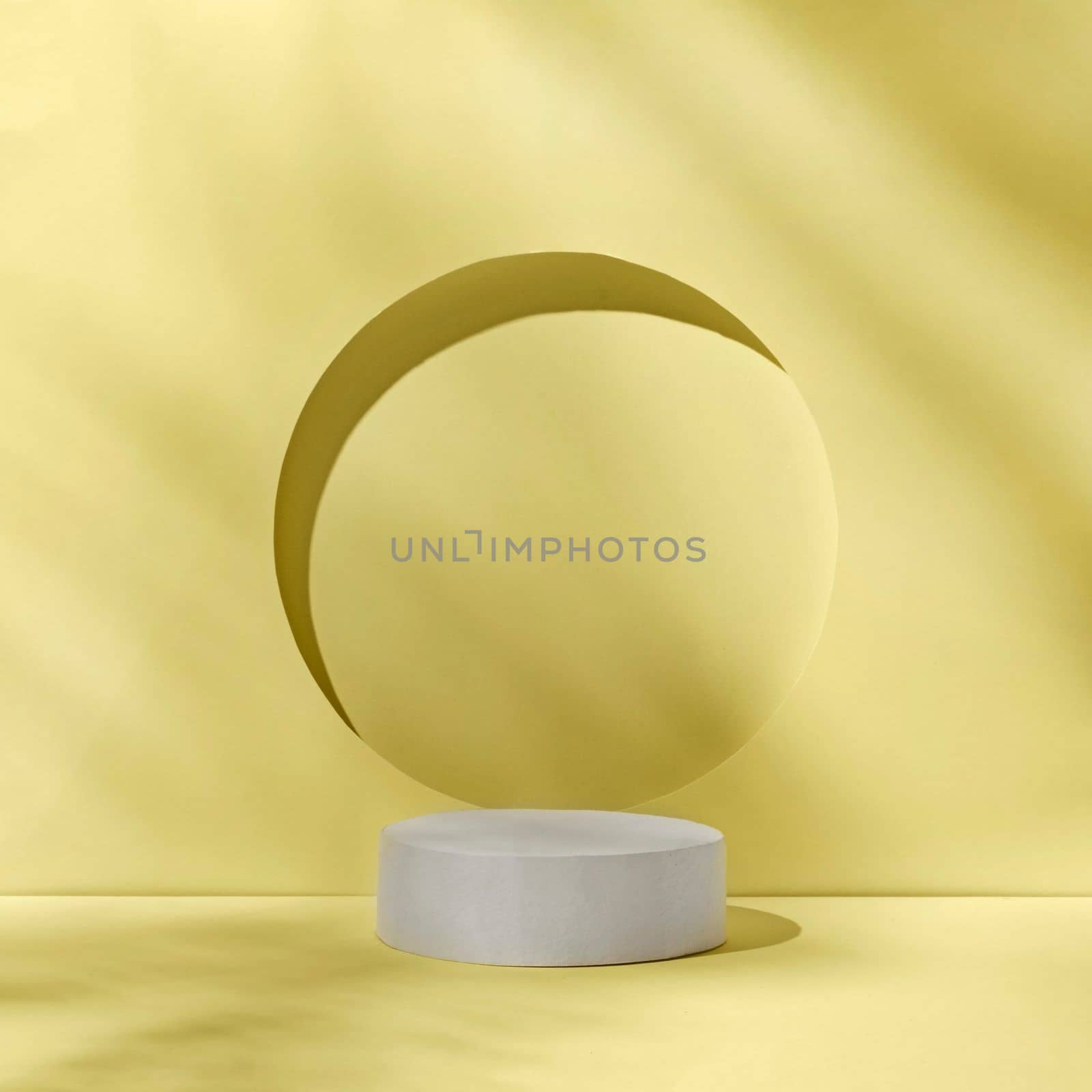 The background is a geometric podium with a circle and a cylinder to show a product or cosmetics with abstract summer shadows. High quality photo