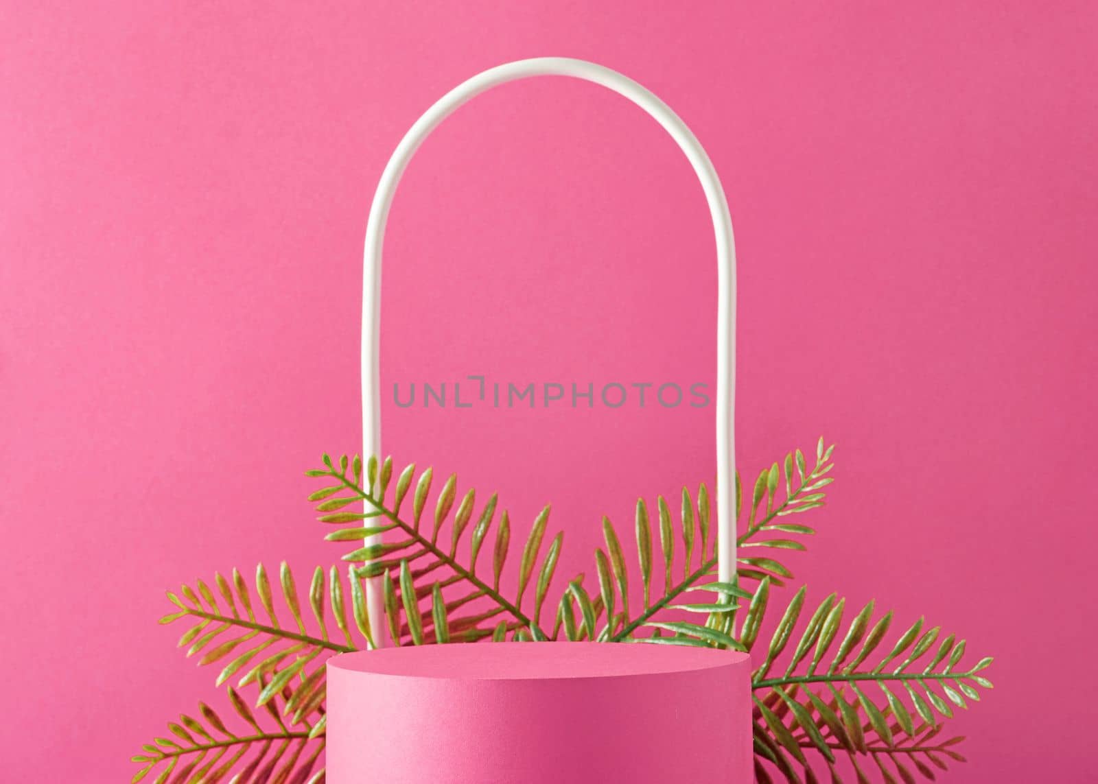 Magenta trend color background with a podium pedestal for showing the product and green eco plant. High quality photo