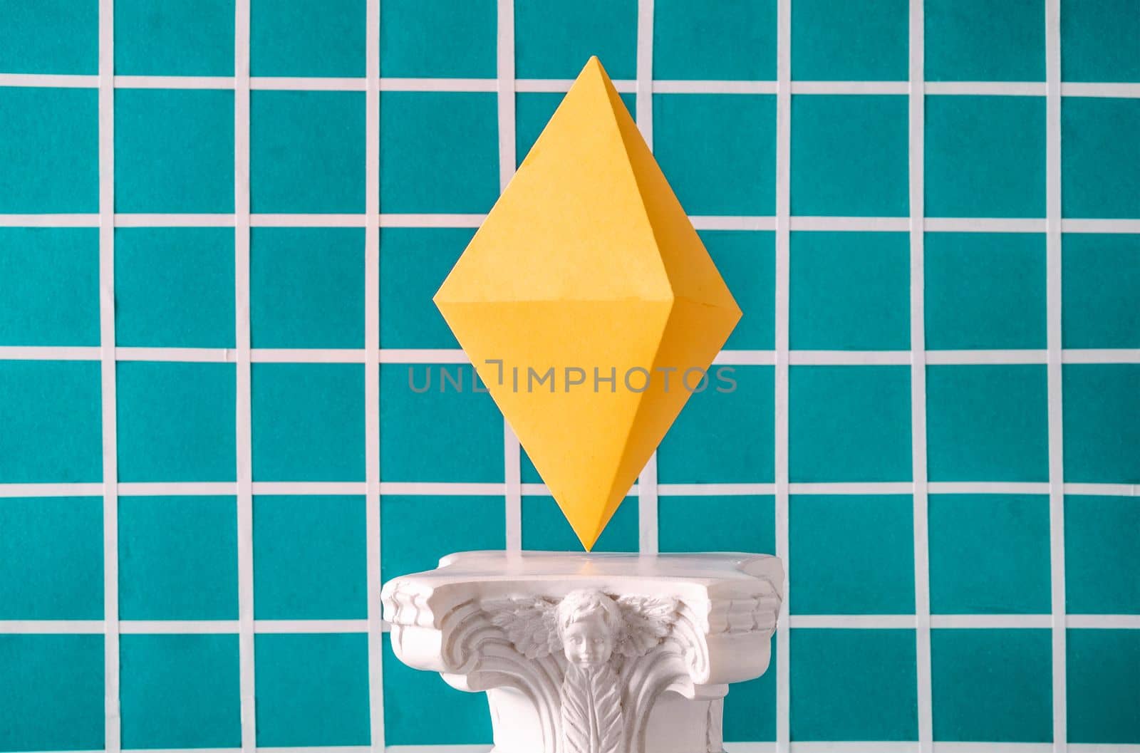The symbol of the cryptocurrency Ethereum on an antique column in the style of vaporwave by sergii_gnatiuk