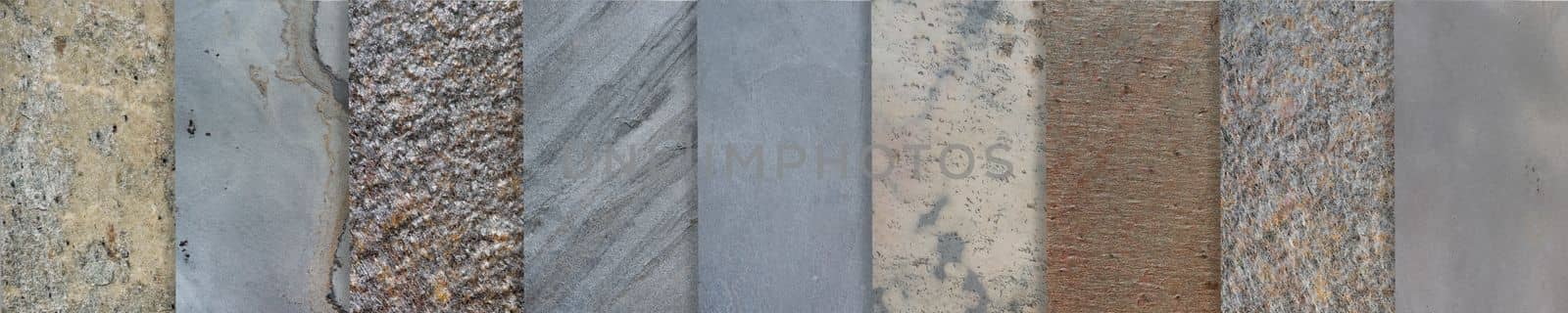 Sample of decorative artificial stone. Texture of natural stone for kitchen countertops and floors. Big set of stone samples.