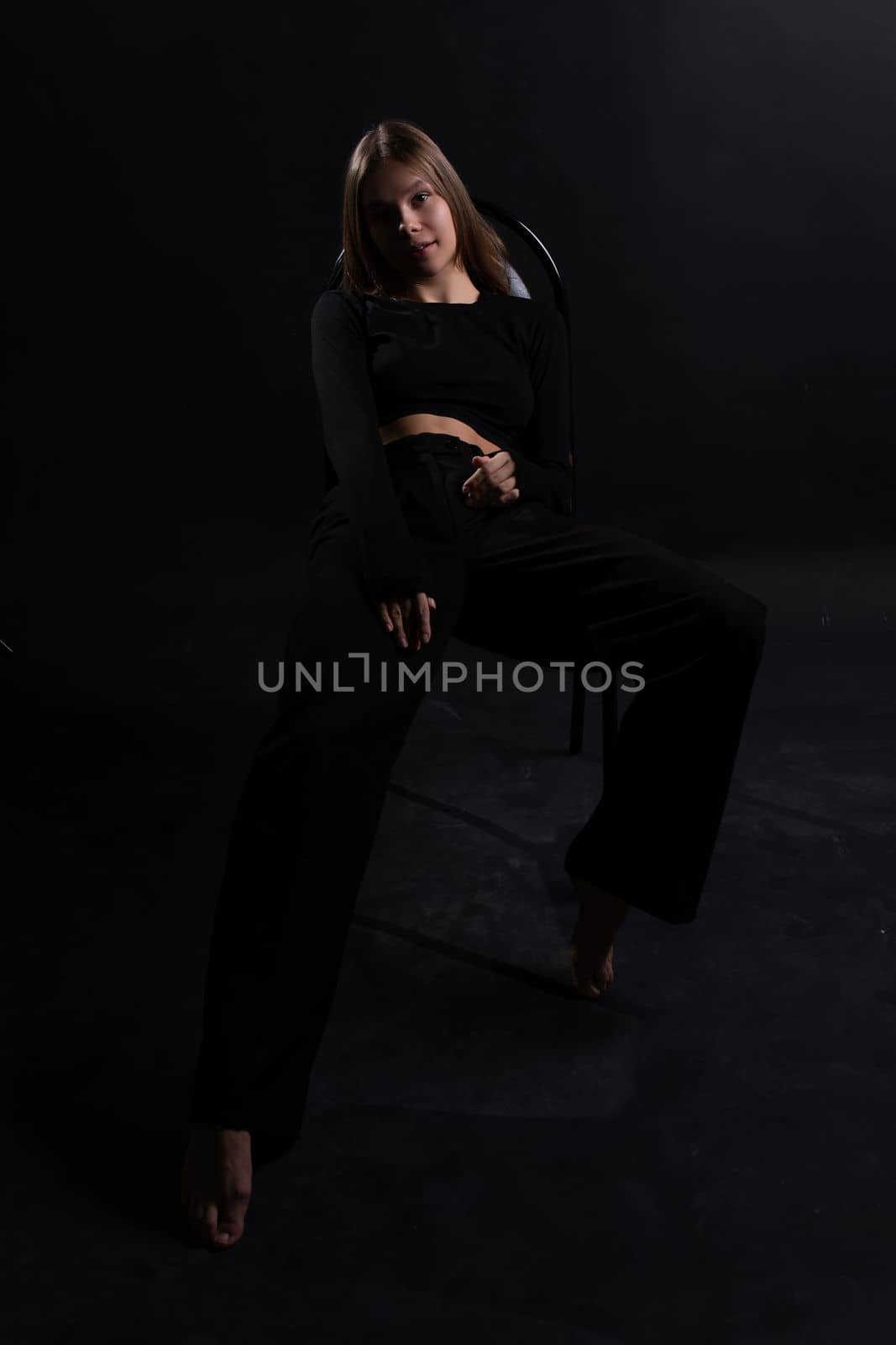 female young studio black model woman background beautiful chair girl beauty barefoot style