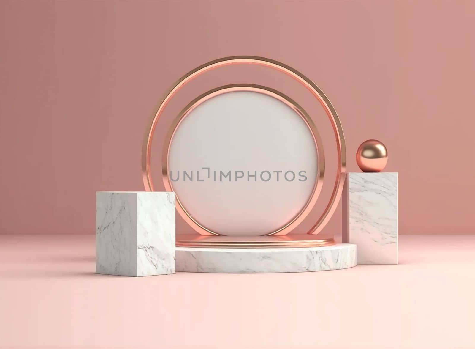 3D Render of gold photoframe and podiums. Roman podium white for cosmetic product on background granite white. 3d rendering