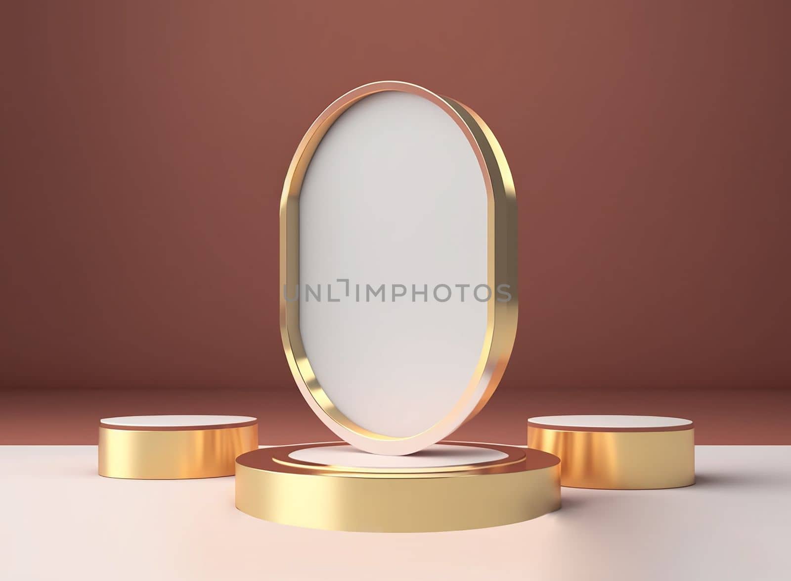 3D Render of gold photoframe and podiums. Roman podium white for cosmetic product on background granite white. 3d rendering