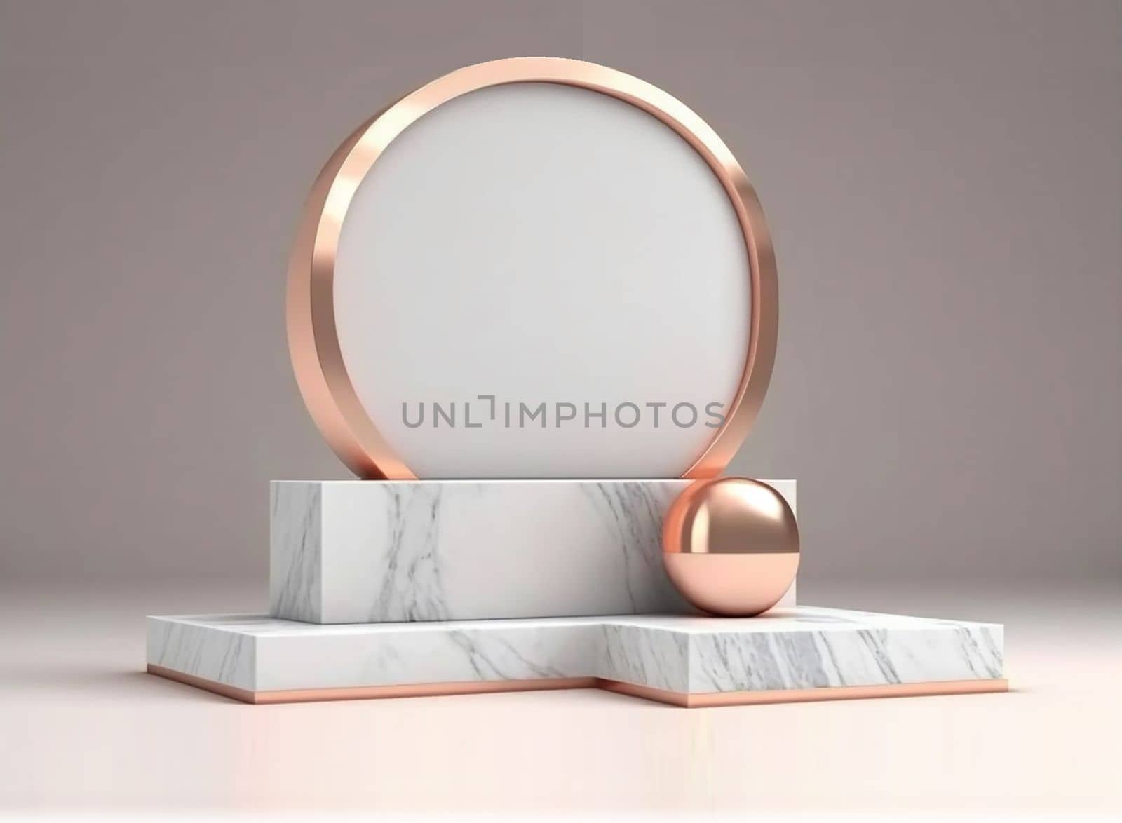 3D Render of gold photoframe and podiums. Roman podium white for cosmetic product on background granite white. 3d rendering