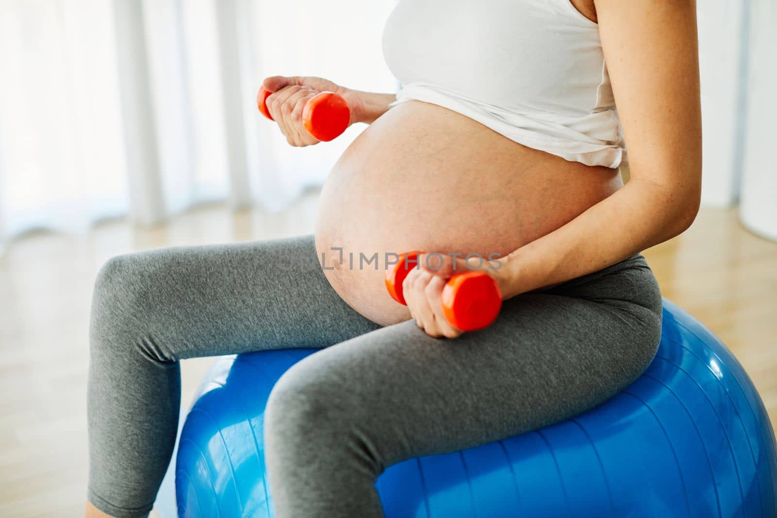 Portrait of a young happy pregnant woman doing exercise at home or in a gym