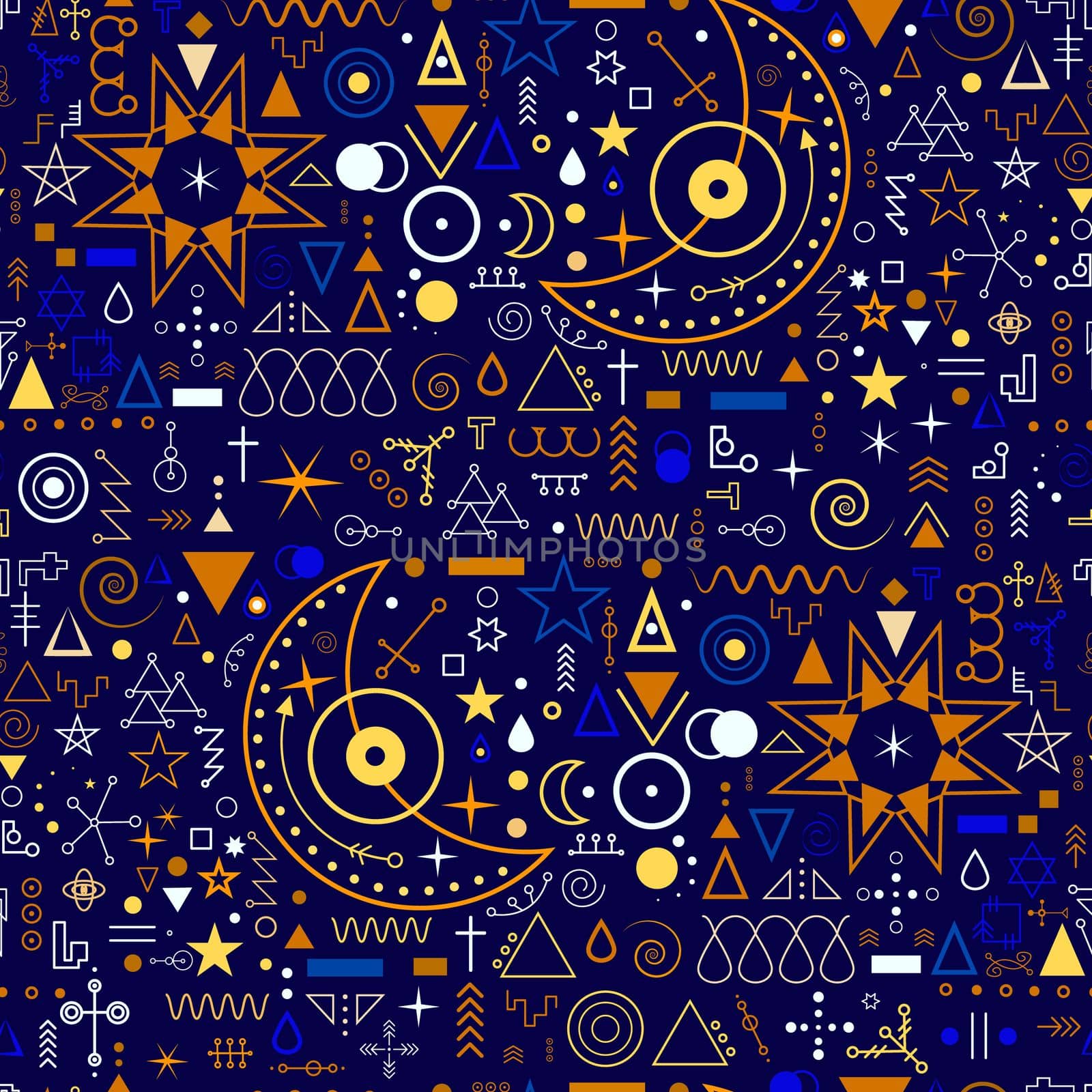 Pattern with celestial astronomical elements sun moon and stars. Mystic esoteric magic zodiac Signs. by Dustick