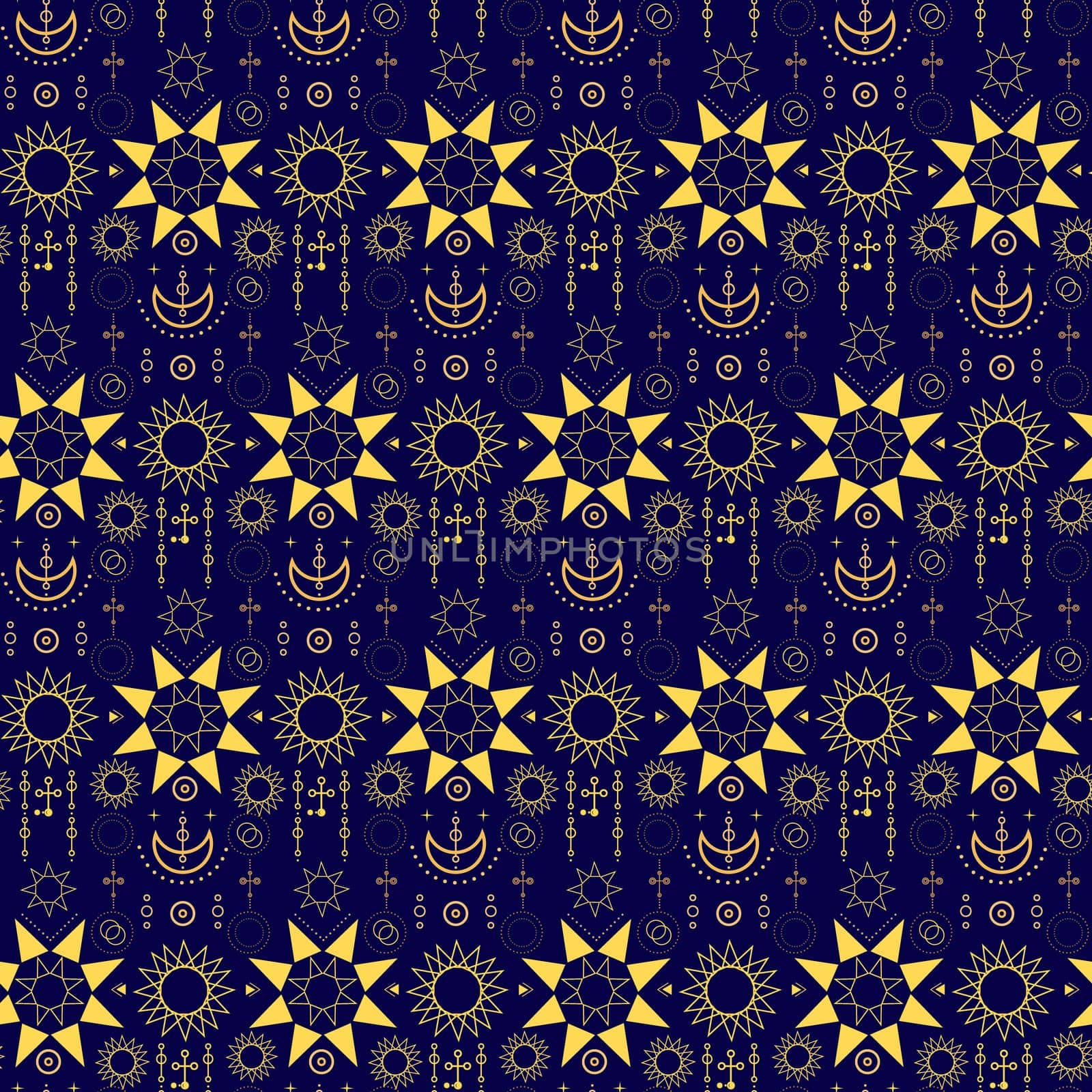 Seamless pattern with celestial astronomical elements sun moon and stars. Mystic esoteric magic zodiac Signs