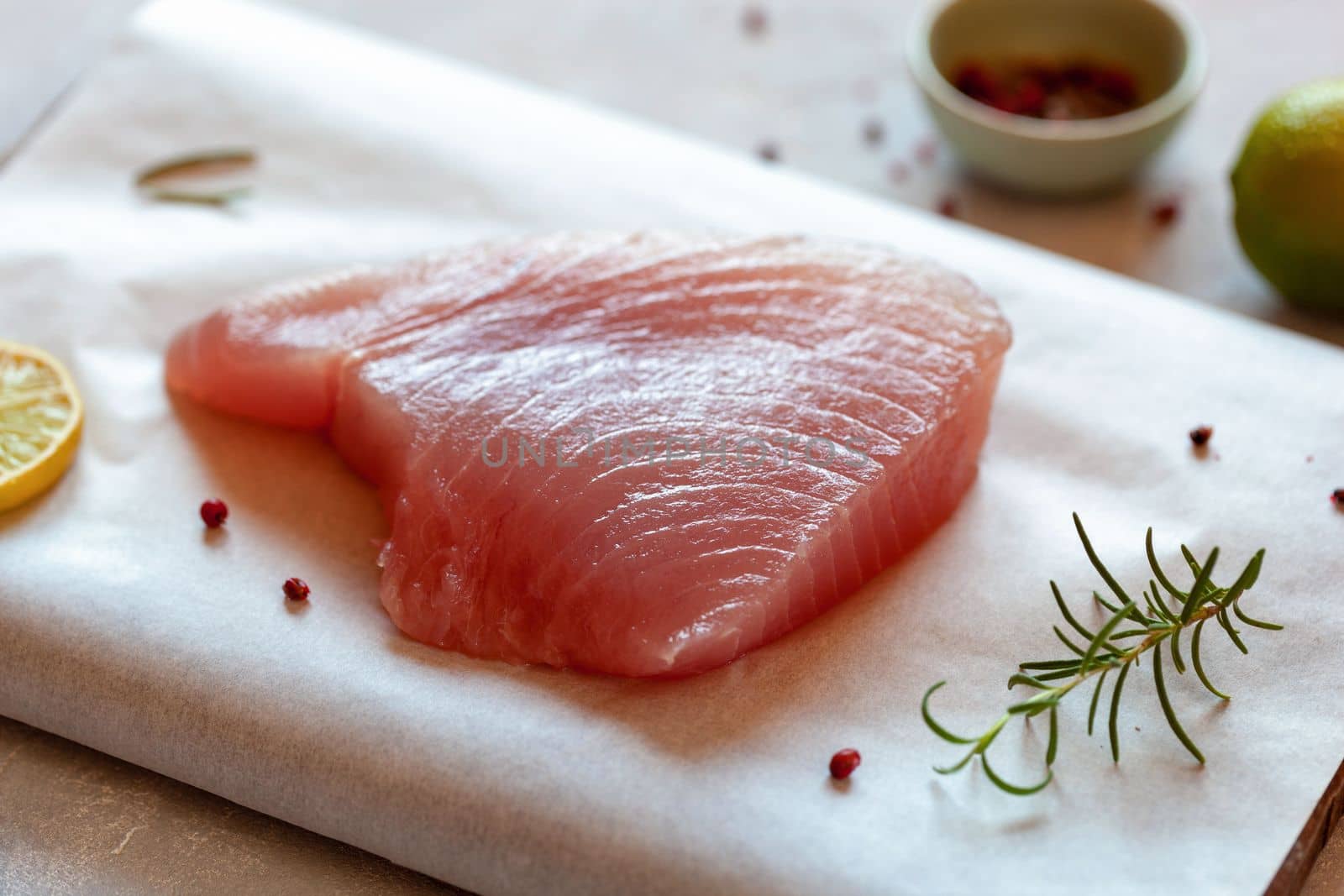raw piece of tuna albacore, side view