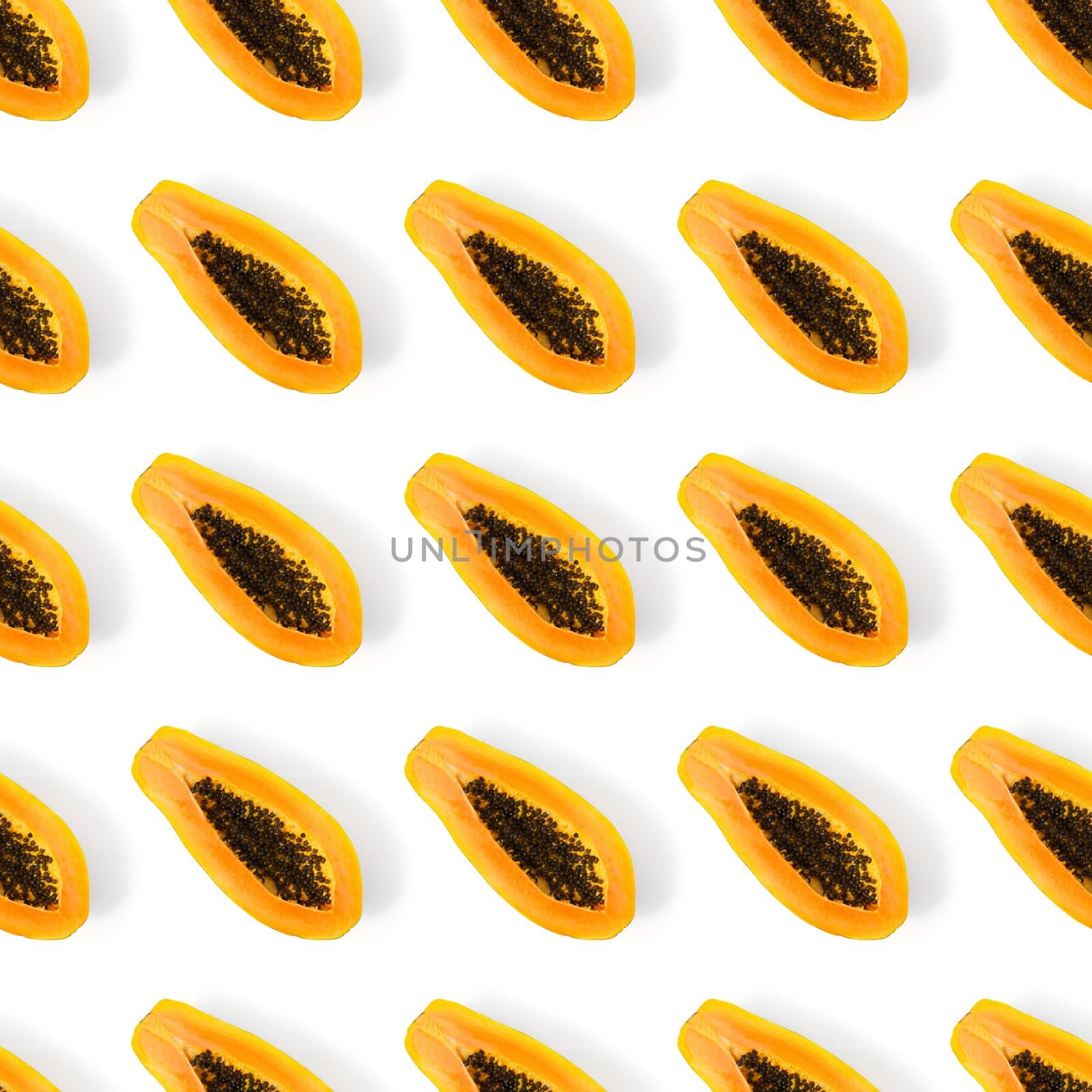 Fresh ripe papaya seamless pattern on white background. Tropical abstract background. Top view. by PhotoTime