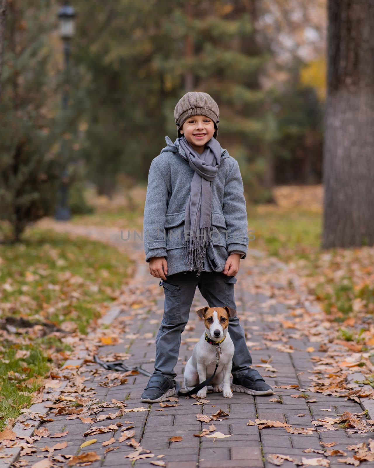 Caucasian boy walking with dog jack russell terrier in autumn park