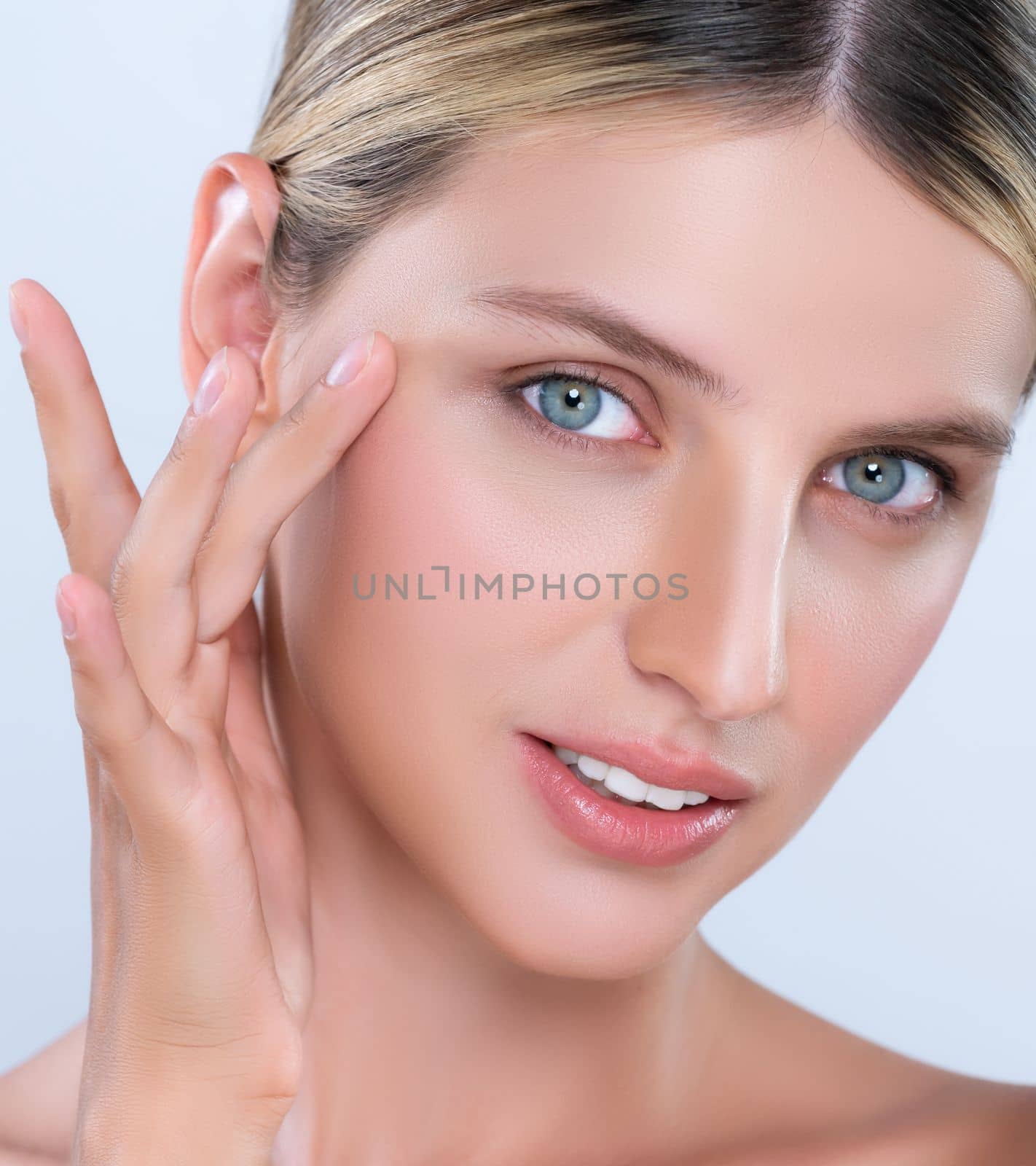 Closeup alluring beautiful woman with perfect smooth and clean skin portrait. by biancoblue