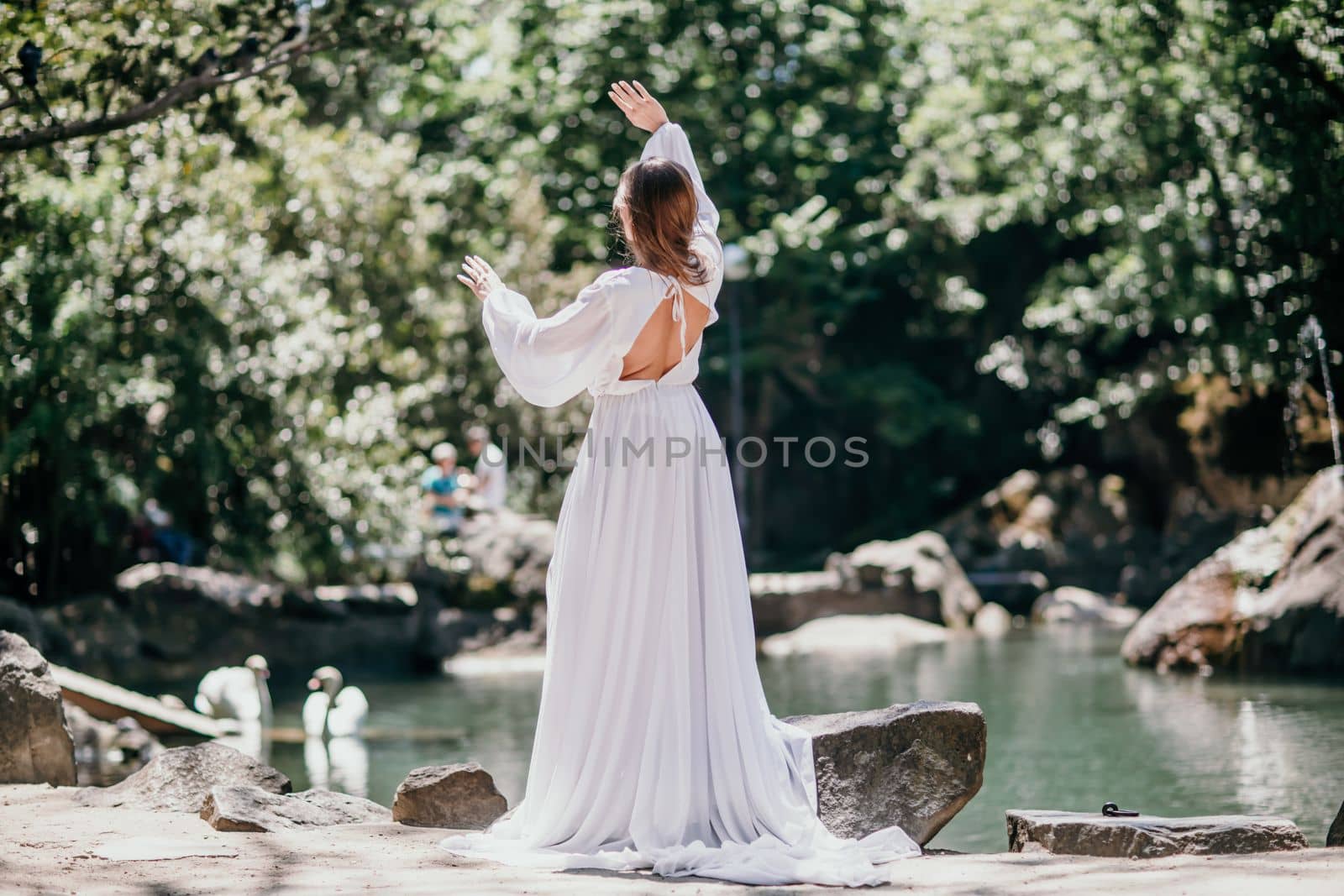 a beautiful woman in a long white dress looks into the distance at a beautiful lake with swans