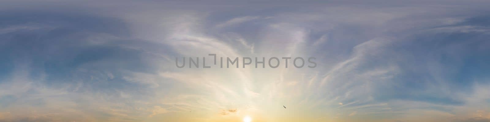Sky panorama with Cirrus clouds in Seamless spherical equirectangular format. Full zenith for use in 3D graphics, game and editing aerial drone 360 degree panoramas for sky replacement
