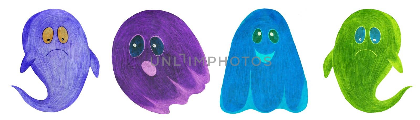 Set of Hand Drawn Halloween Ghosts Isolated on White Background. Halloween scary ghostly monsters. Cute cartoon spooky character, Drawn by Color Pencils.