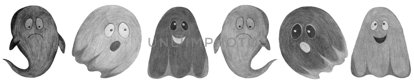 Set of Hand Drawn Halloween Ghosts Isolated on White Background. Halloween scary ghostly monsters. Cute cartoon spooky character, Drawn by Color Pencils.