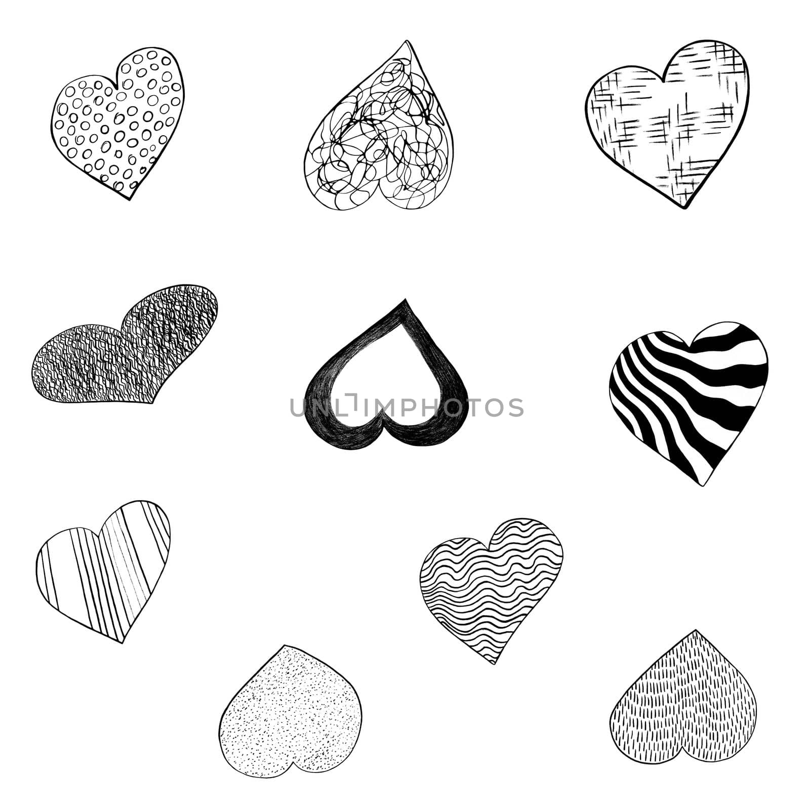 Set of Black Hearts Drawn by Pencil. The Sign of World Heart Day. Symbol of Valentines Day. Heart Shape Isolated on White Background.