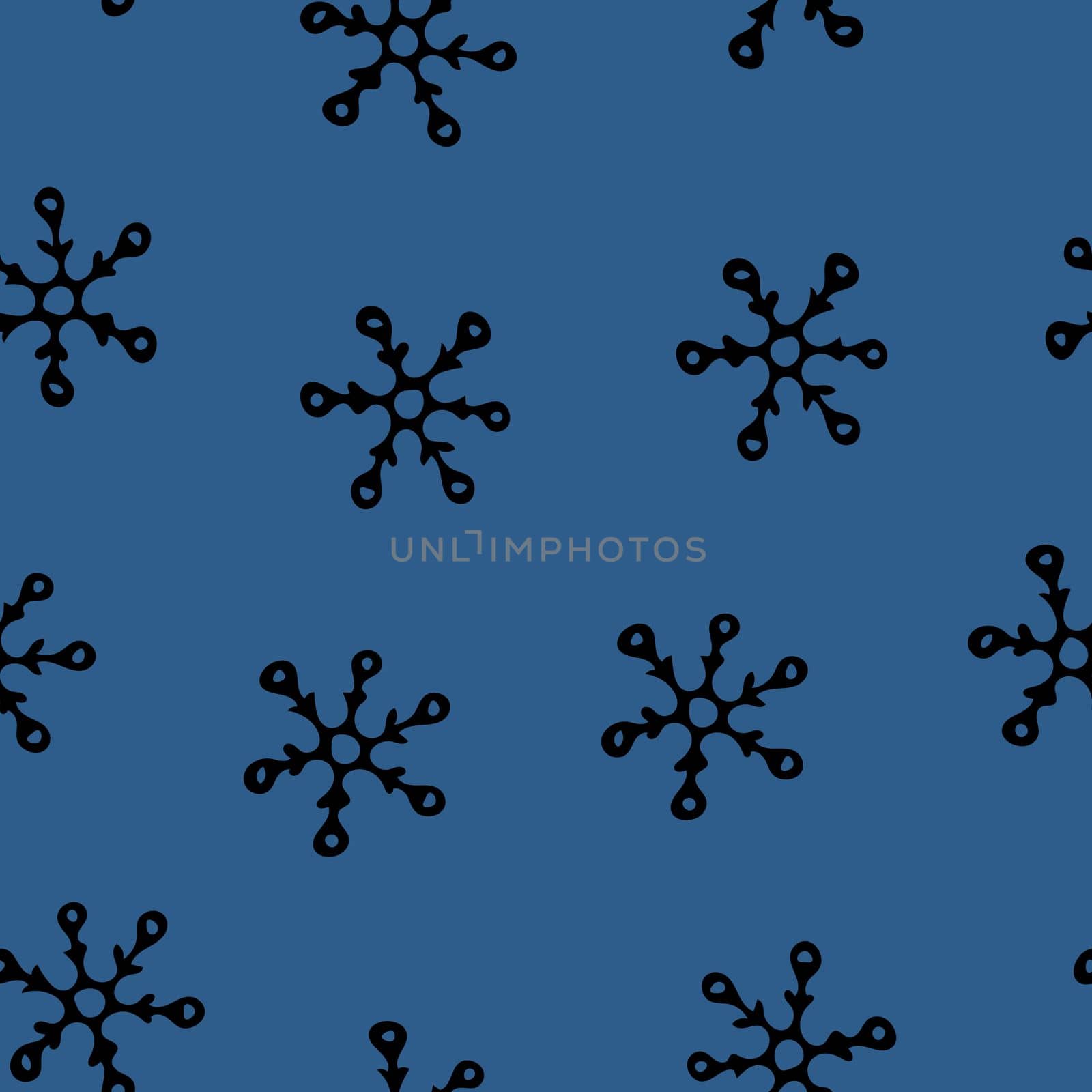 Seamless Pattern with Black Snowflakes on Blue Background. Abstract Hand-Drawn Doodle Snowflakes.