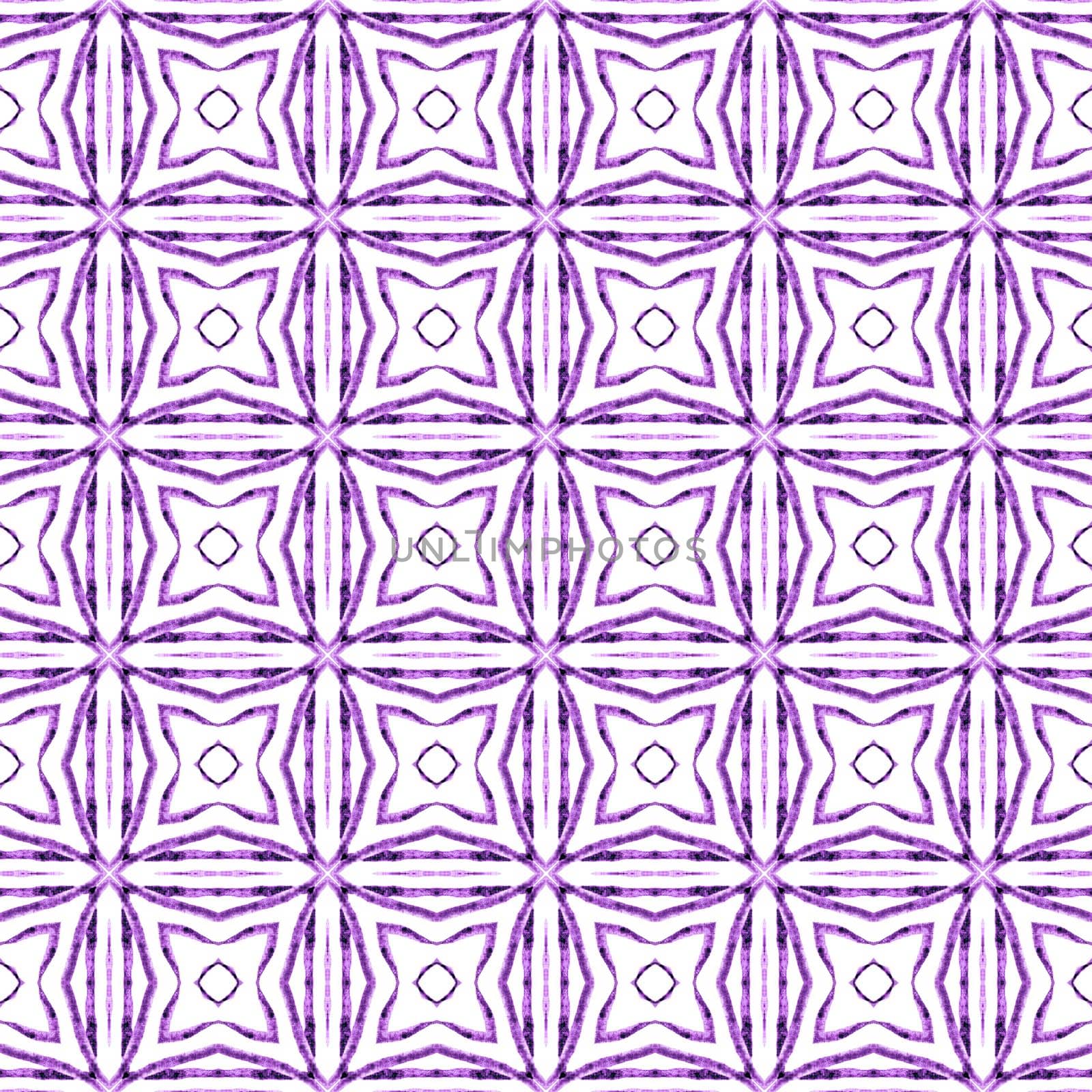 Ikat repeating swimwear design. Purple energetic boho chic summer design. Textile ready astonishing print, swimwear fabric, wallpaper, wrapping. Watercolor ikat repeating tile border.