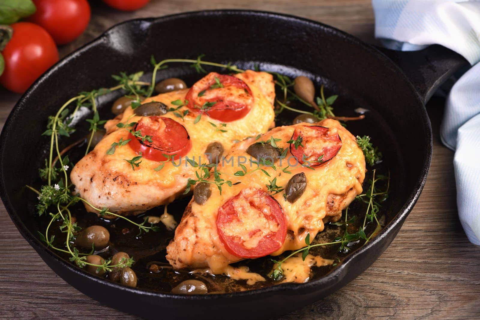 Tender chicken breast baked with tomatoes, capers, herbs under cheese crust in a frying pan