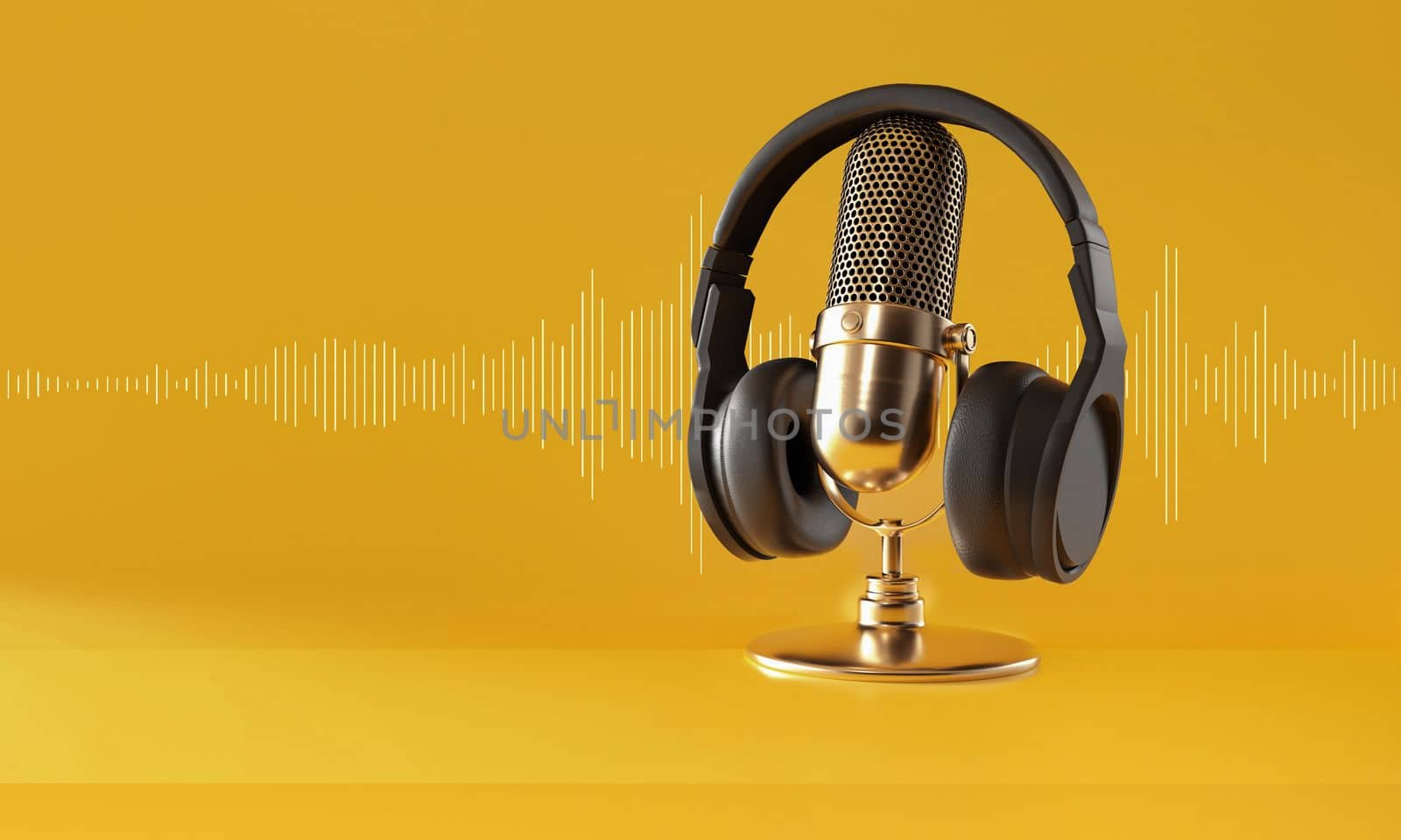 Gold microphone, black Headphones and sound wave on yellow background. 3D rendering.