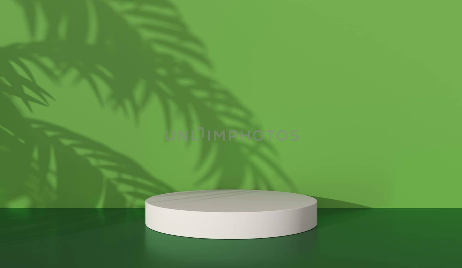 Platform podium with palm shadow of Sun light on green background for product display. Empty podium platform. by ImagesRouges