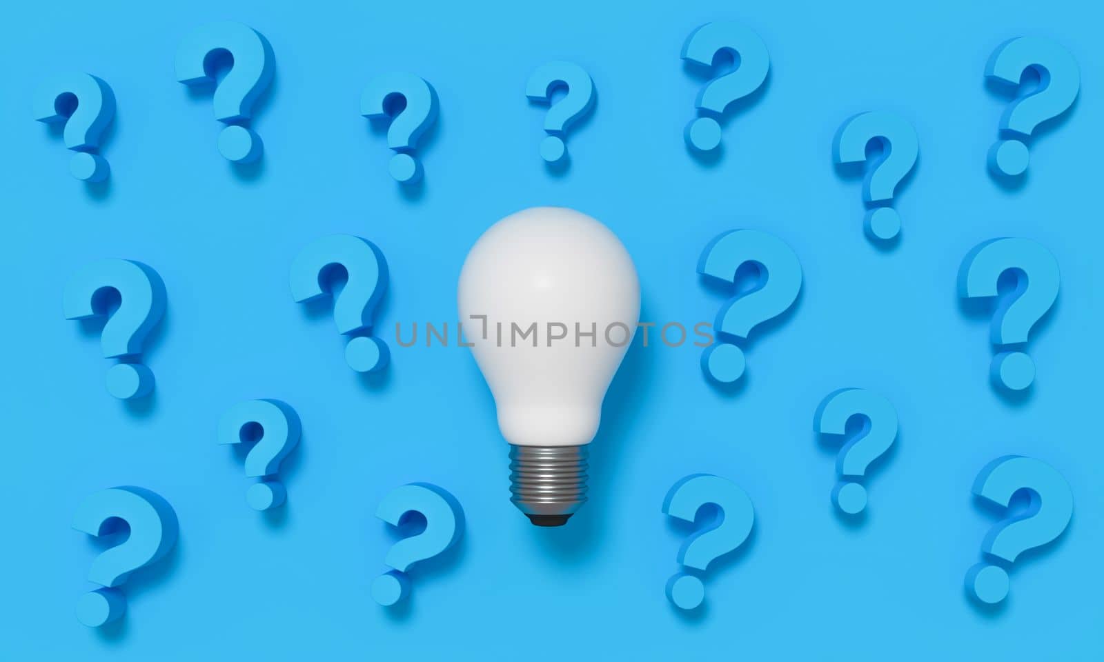 Light bulb with question mark on blue pattern background. 3D rendering.